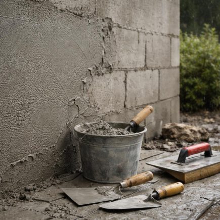 mur-enduit-outils-maconnerie-pluie