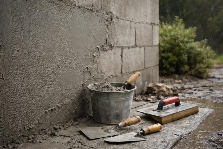 mur-enduit-outils-maconnerie-pluie