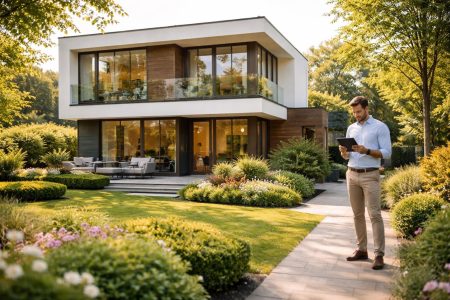 maison-moderne-jardin-homme-tablette