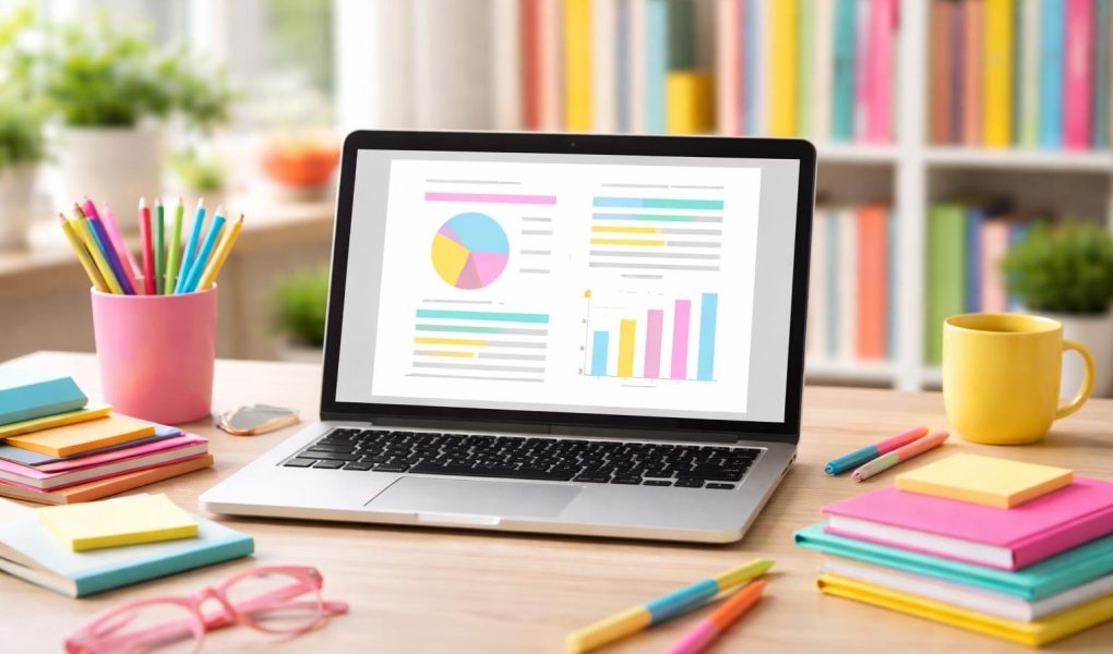 bureau-moderne-ordinateur-fournitures-colorées-bibliothèque