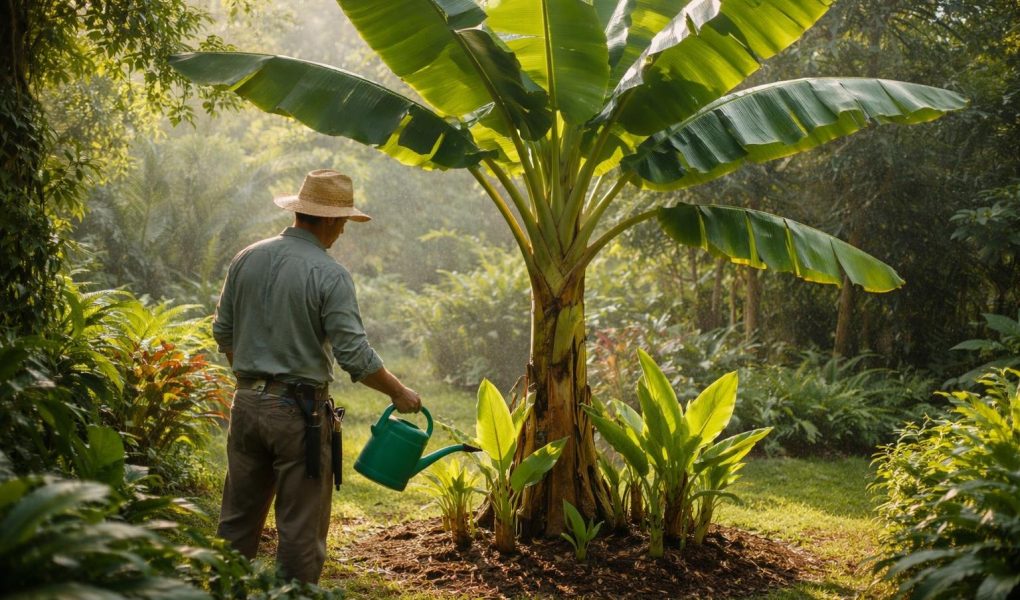 jardinier-soigne-bananier-lumiere-matinale